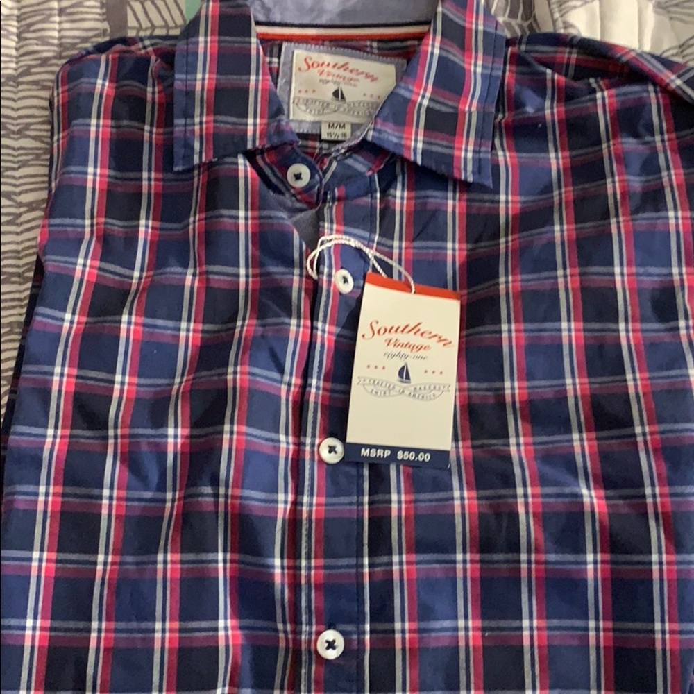 NWT Mens sz M button front blue pink plaid shirt long sleeve